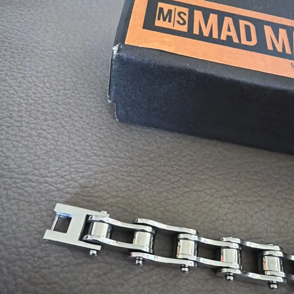 Mad Man Men’s Stainless Steel Link Cuff Bracelet Industrial Chain NIB 8.75”
